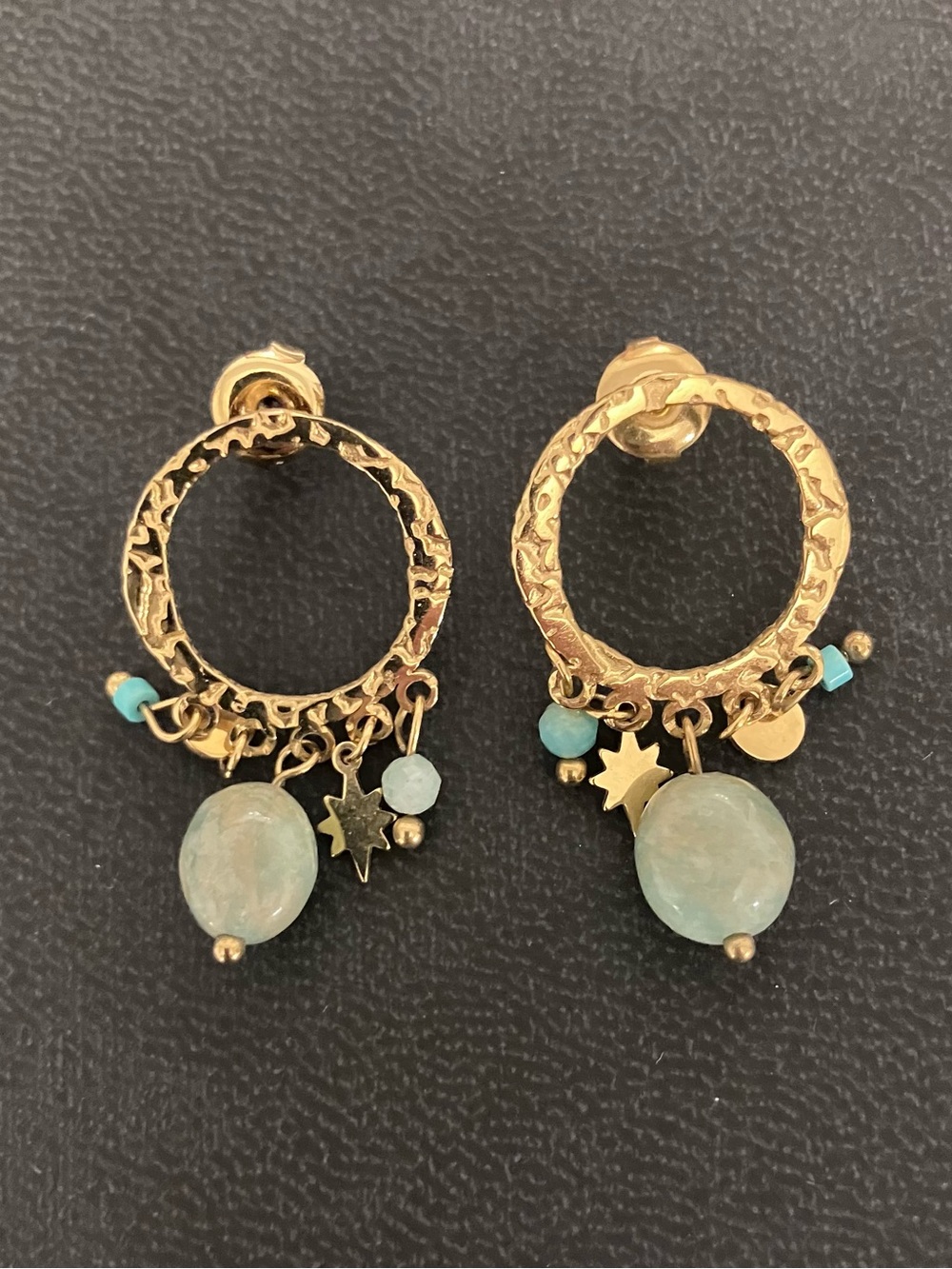 Gold Hoop Earrings with Aqua Bead Drops - Women's Fashion Jewelry